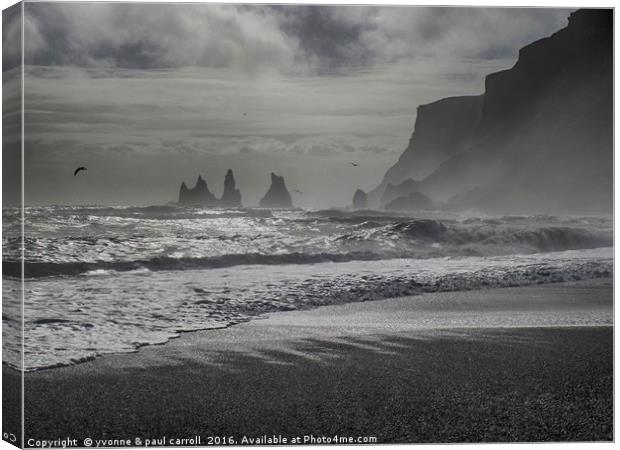 Sea stacks, Black sand beach, Vik, South Iceland Canvas Print by yvonne & paul carroll