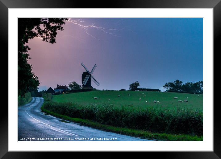 Lightning Over Windmill Framed Mounted Print by Malcolm Wood
