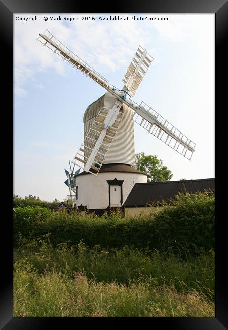 Saxtead mill on sunny day with hedgerow Framed Print by Mark Roper