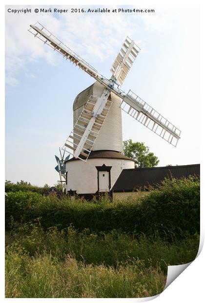Saxtead mill on sunny day with hedgerow Print by Mark Roper
