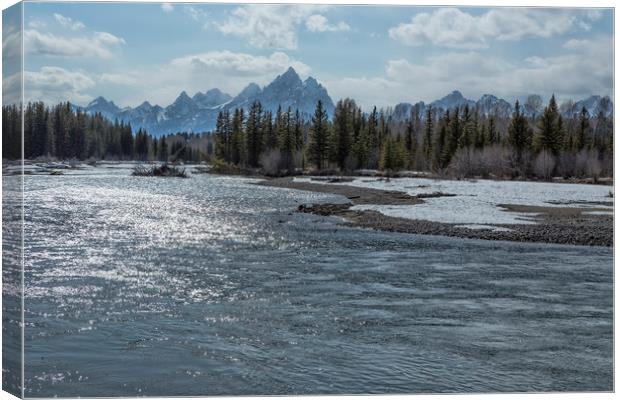 Shimmering Snake River and the Tetons Canvas Print by Belinda Greb