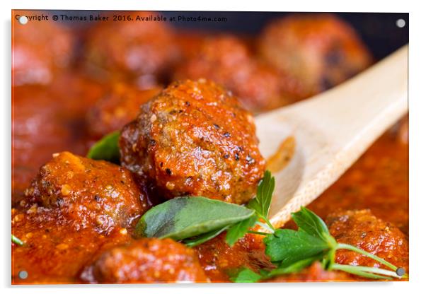 Freshly cooked meatballs in red sauce  Acrylic by Thomas Baker