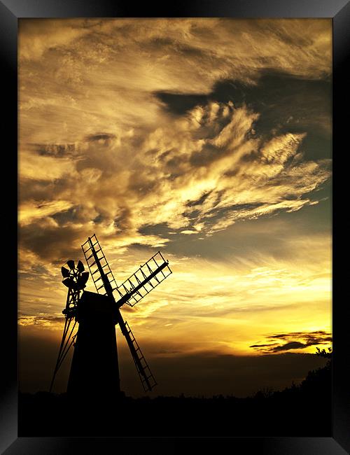 Turf Fen Windmill at Sunset Framed Print by Paul Macro