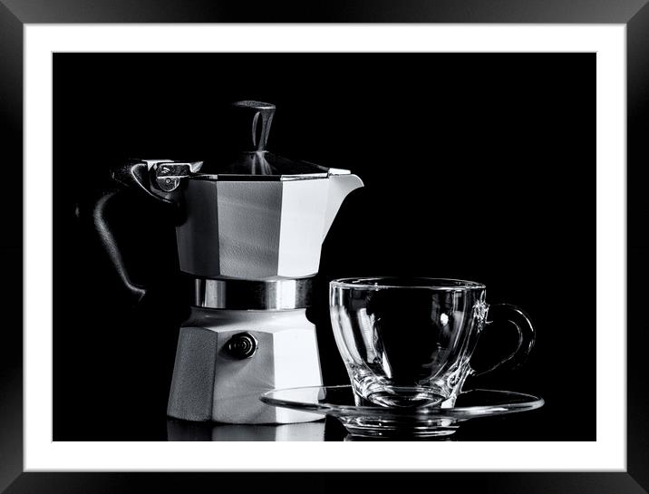 Coffee Pot and Glass Cup Framed Mounted Print by Gavin Liddle