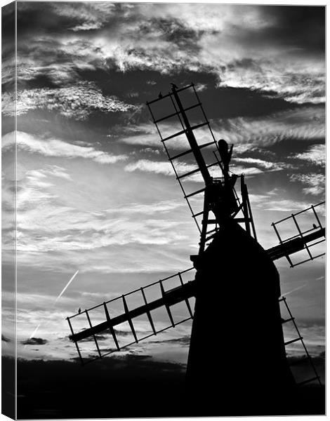 Turf Fen Windmill at Sunset Black & White Canvas Print by Paul Macro
