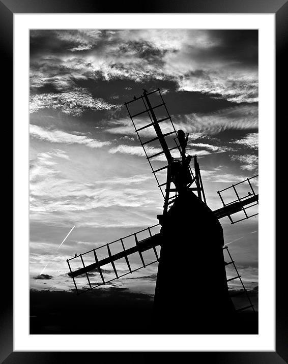 Turf Fen Windmill at Sunset Black & White Framed Mounted Print by Paul Macro