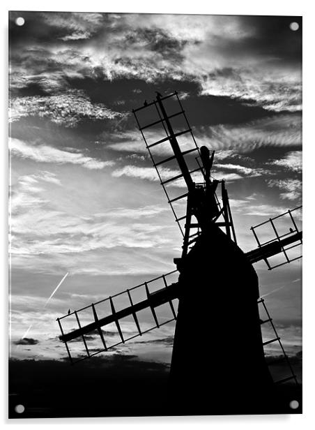 Turf Fen Windmill at Sunset Black & White Acrylic by Paul Macro