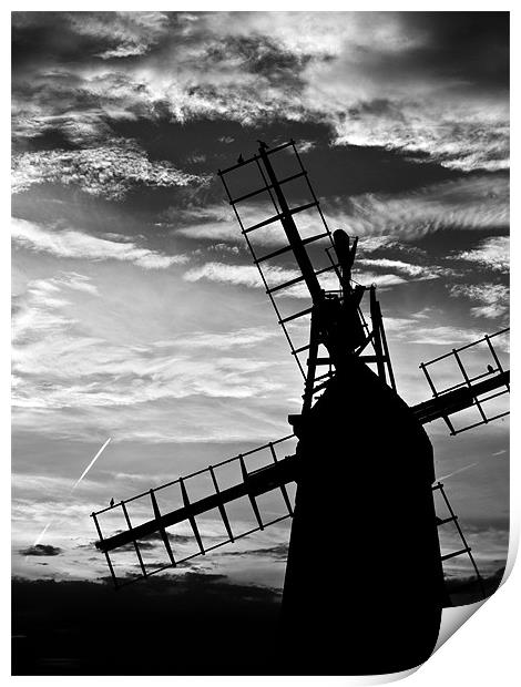 Turf Fen Windmill at Sunset Black & White Print by Paul Macro