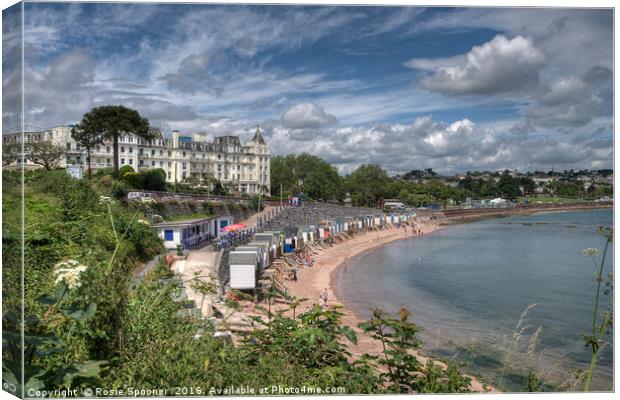Corbyn Head Beach Huts and the Grand Hotel Torquay Canvas Print by Rosie Spooner