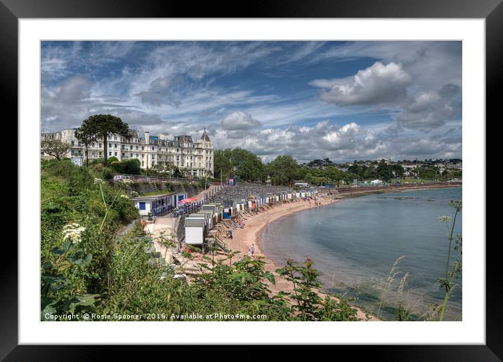 Corbyn Head Beach Huts and the Grand Hotel Torquay Framed Mounted Print by Rosie Spooner