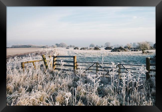 Rural scene covered in a thick hoar frost. Norfolk Framed Print by Liam Grant