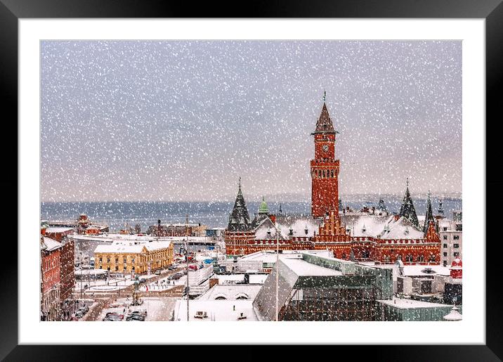 Snowy Helsingborg Skyline Framed Mounted Print by Antony McAulay