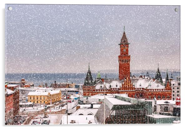 Snowy Helsingborg Skyline Acrylic by Antony McAulay