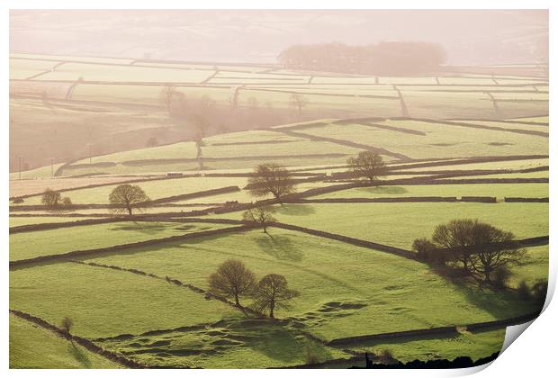 Hazy light at sunset over a valley of fields. Derb Print by Liam Grant