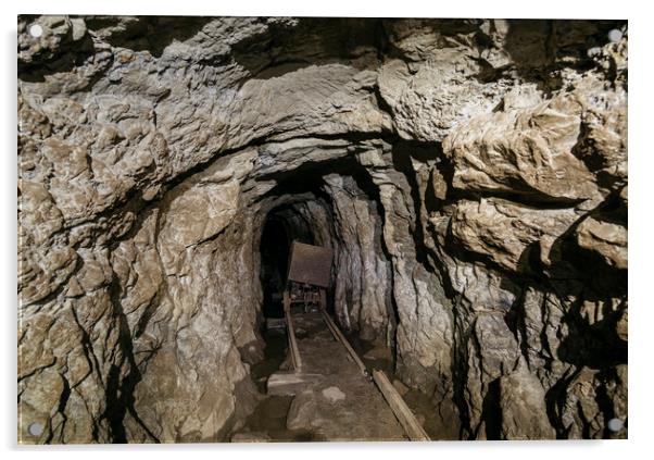 Mine cart in an old abandoned mine cave. Near Matl Acrylic by Liam Grant