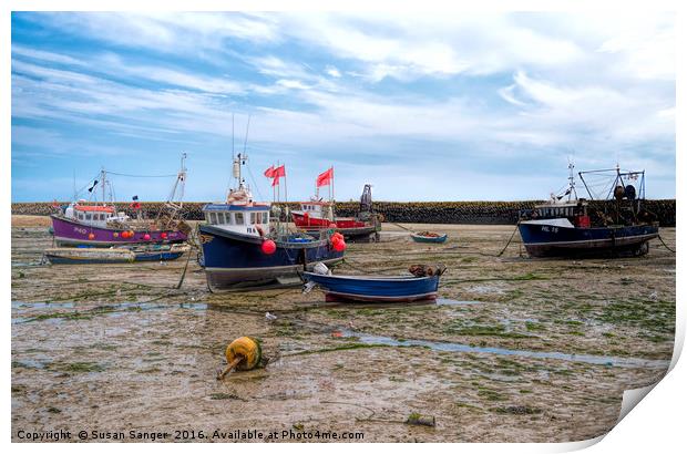 Boats at low tide at Folkestone Harbour Kent UK Print by Susan Sanger