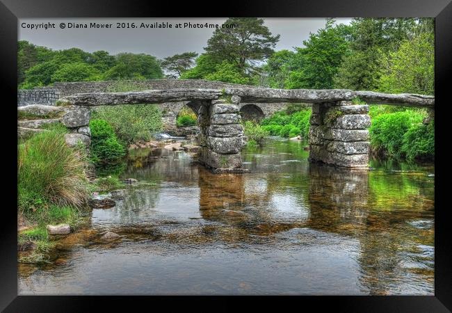 The two bridges at  Postbridge Dartmoor Framed Print by Diana Mower