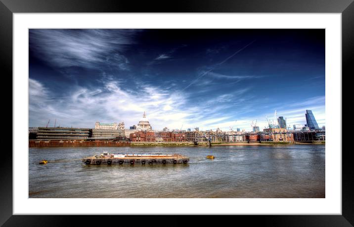 The River Thames and Barge and St Paul's Cathedral Framed Mounted Print by John Williams