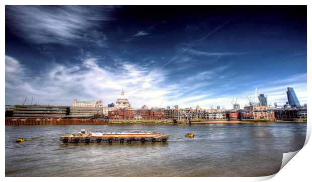 The River Thames and Barge and St Paul's Cathedral Print by John Williams