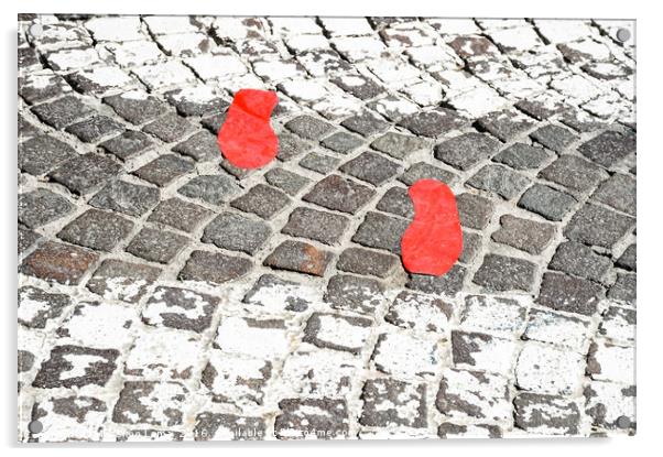 Red footsteps in town Acrylic by Massimo Lama