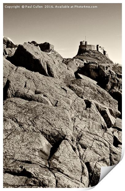 Lindisfarne Castle over lichen covered rocks  - ye Print by Paul Cullen