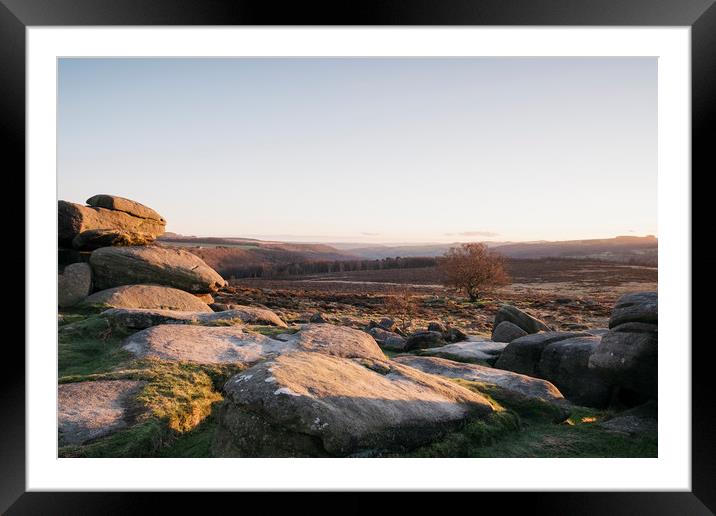 Owler Tor rock formations at sunset. Derbyshire, U Framed Mounted Print by Liam Grant