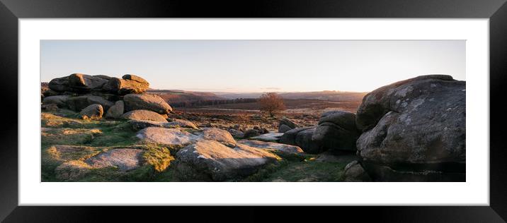 Owler Tor rock formations at sunset. Derbyshire, U Framed Mounted Print by Liam Grant