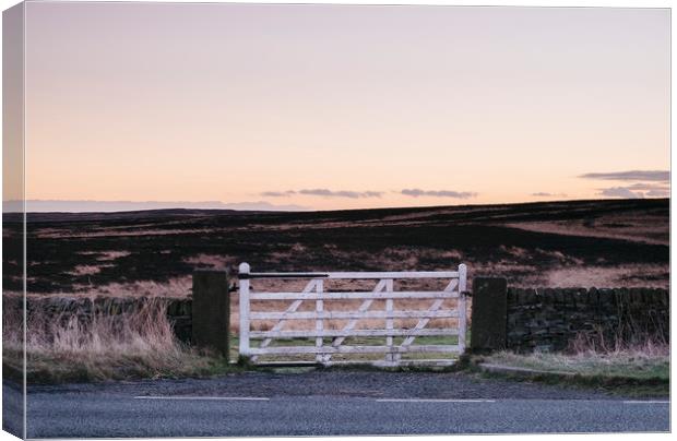 White gate leading to moorland at twilight. Derbys Canvas Print by Liam Grant