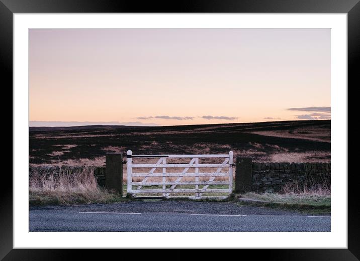 White gate leading to moorland at twilight. Derbys Framed Mounted Print by Liam Grant