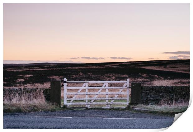 White gate leading to moorland at twilight. Derbys Print by Liam Grant