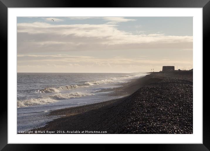 Waves on Aldeburgh beach with martello tower in ba Framed Mounted Print by Mark Roper