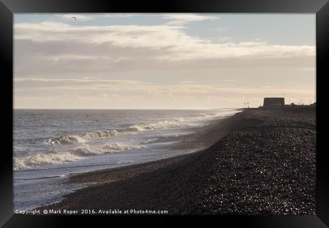 Waves on Aldeburgh beach with martello tower in ba Framed Print by Mark Roper