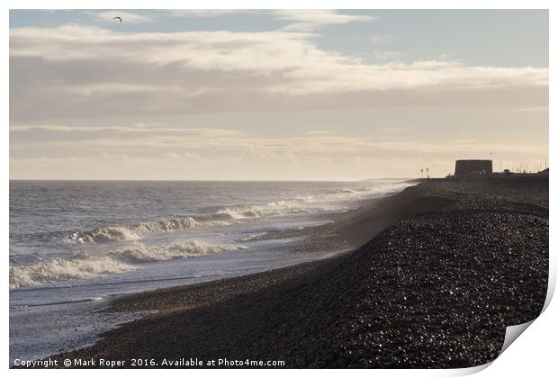 Waves on Aldeburgh beach with martello tower in ba Print by Mark Roper