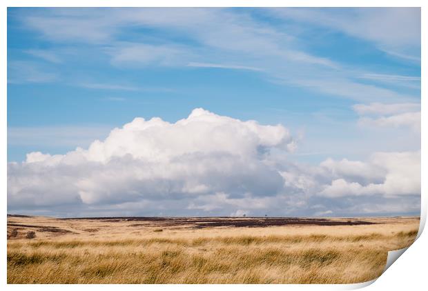 Blue sky and white clouds above sunlit moorland. D Print by Liam Grant