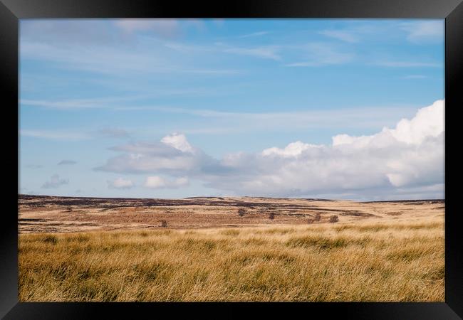 Blue sky and white clouds above sunlit moorland. D Framed Print by Liam Grant