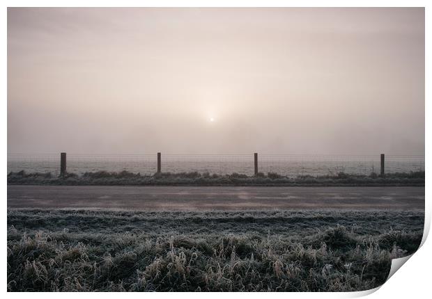 Sunrise through fog on a frosty morning. Norfolk,  Print by Liam Grant