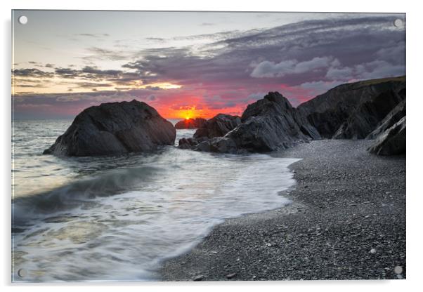 Sandy Cove Sunrise. Acrylic by Dave Wilkinson North Devon Ph