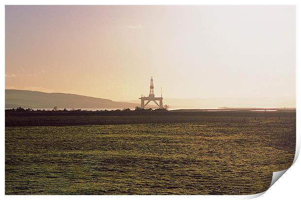 Oil Rig on a misty morning Print by Derek Wallace