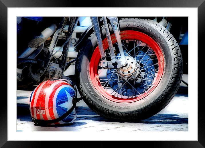 Harley Wheel and Helmet Framed Mounted Print by Karen Martin
