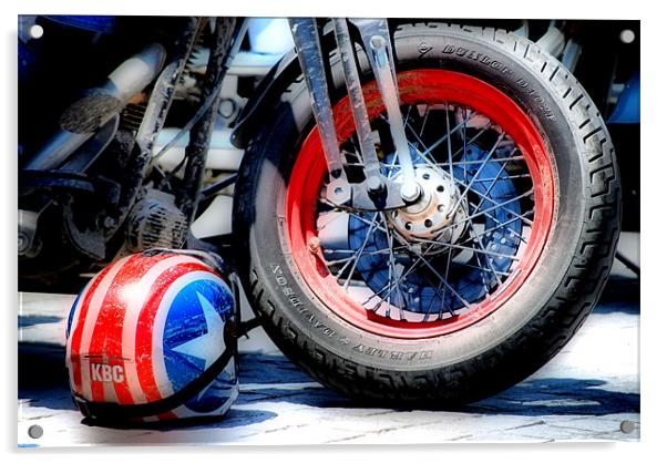 Harley Wheel and Helmet Acrylic by Karen Martin