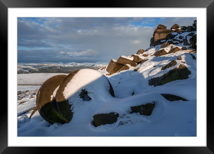 Stanage Edge Snowy Millstones Framed Mounted Print by James Grant