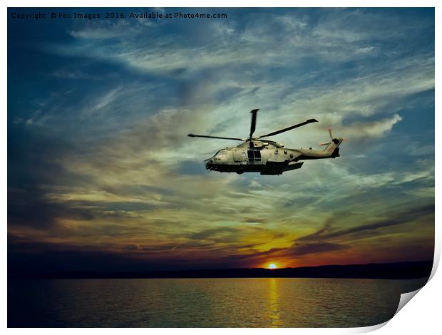 AW101 merlin helicopter over the sea  Print by Derrick Fox Lomax