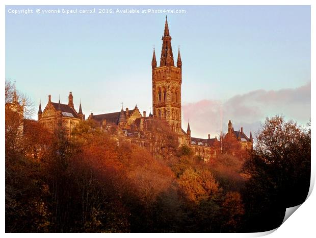 Autumn glow on Glasgow University Print by yvonne & paul carroll