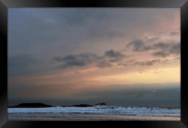 Evening Sky at Rhossili Beach Gower Peninsula Framed Print by Nick Jenkins