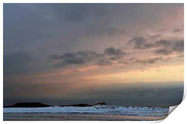 Evening Sky at Rhossili Beach Gower Peninsula Print by Nick Jenkins