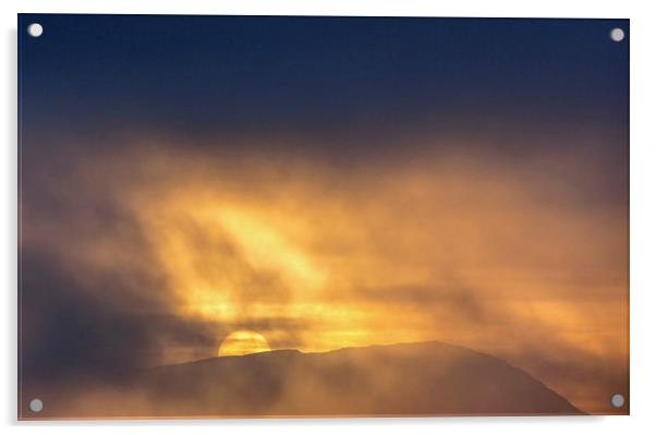 Sun setting behind Wetherlam Lake Distict Cumbria Acrylic by Nick Jenkins