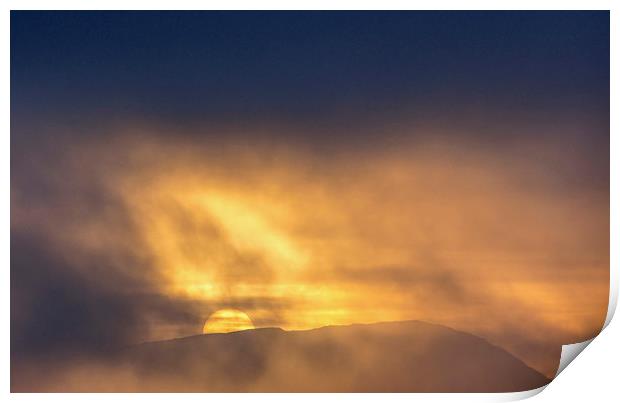 Sun setting behind Wetherlam Lake Distict Cumbria Print by Nick Jenkins