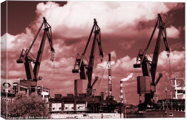 Gdansk Cranes in red  Canvas Print by Rob Hawkins
