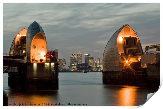 Thames Barrier at sunset Print by Julian Paynter