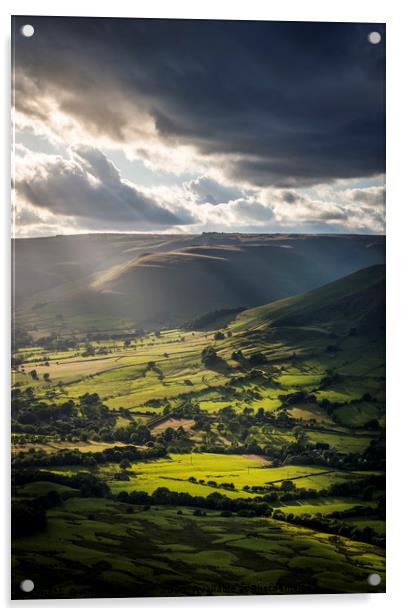 Slanting sunbeams on the vale of Edale Acrylic by Andrew Kearton